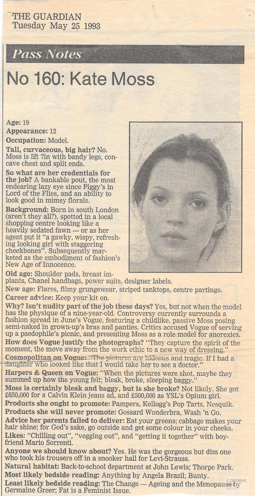 Pass Notes — No 160: Kate Moss, The Guardian, 25 May 1993 — Image 1 of 1