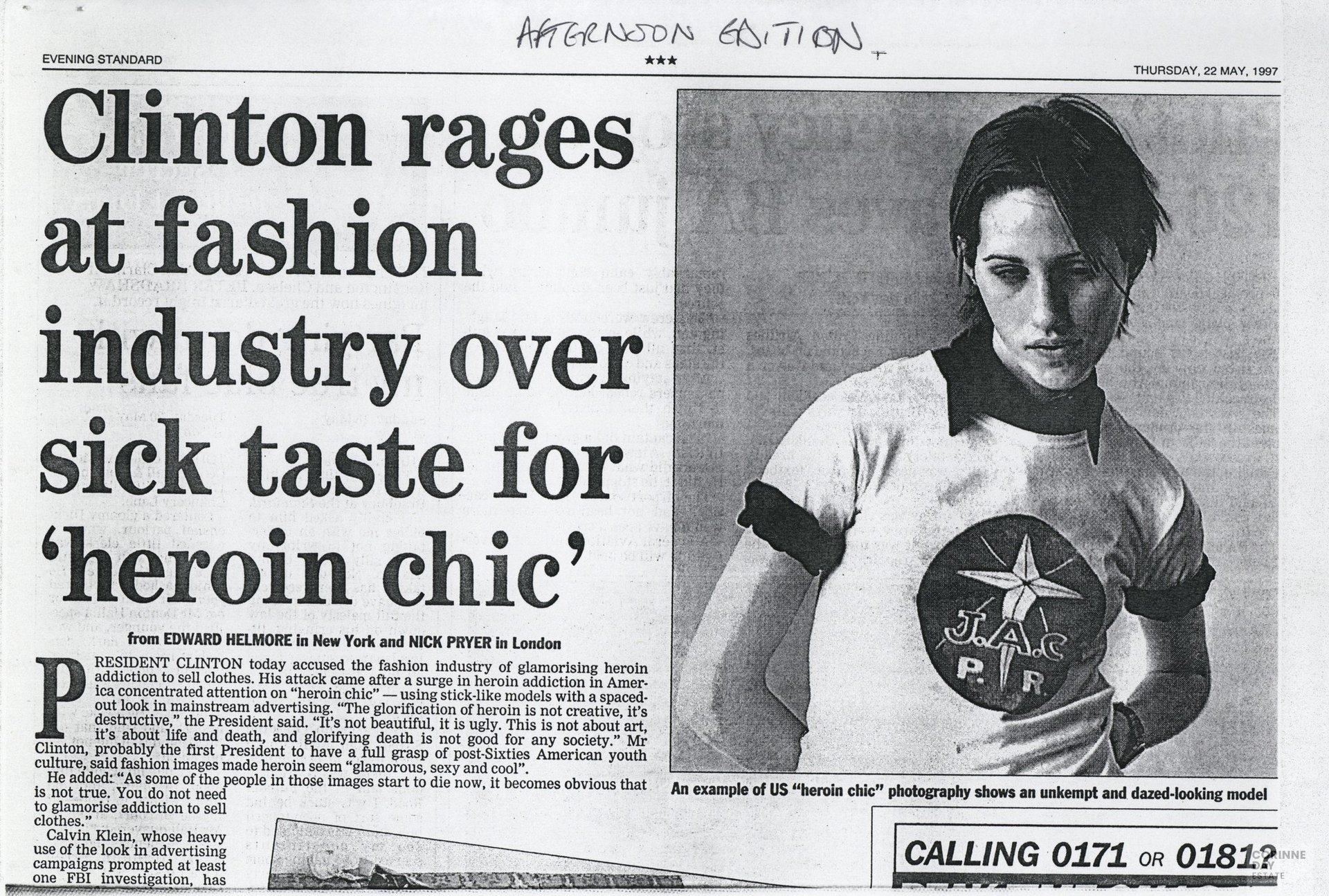 Clinton rages at fashion industry over sick taste for 'heroin chic', Evening Standard, 22 May 1997 — Image 1 of 2